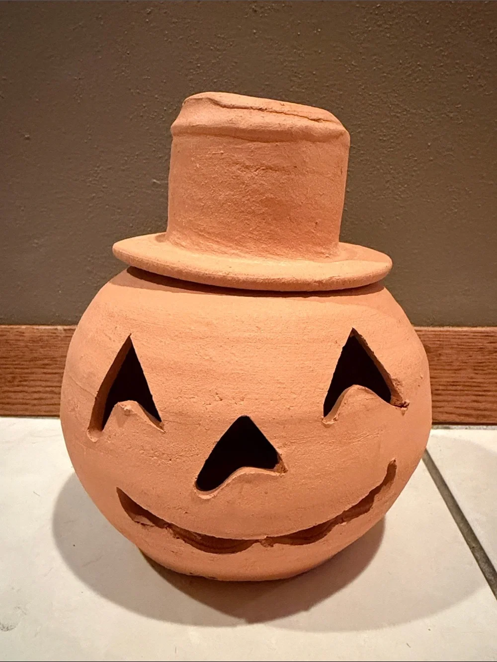 Vtg Hewell’s Pottery GA Terra Cotta Pumpkin with Hat Jack O' Lantern